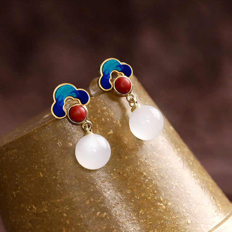 925银镶和田玉石复古风翡翠耳环女耳钉配旗袍配耳饰新年款过节红