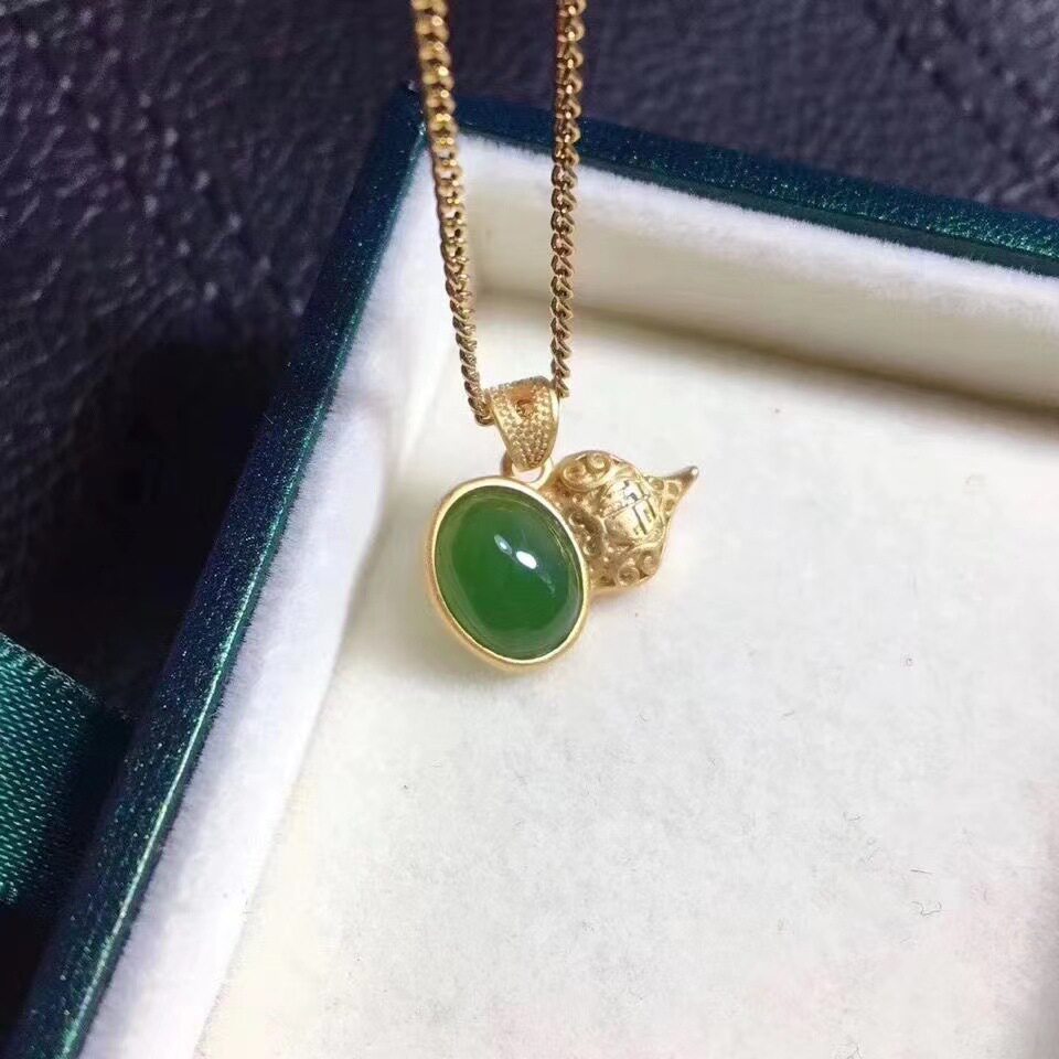 S925纯银天然和田玉碧玉套链鎏金工艺颈饰葫芦复古吊坠项链银饰女