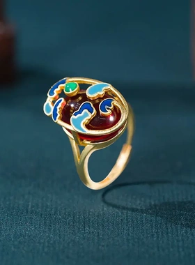 珐琅彩古法金蛋面红宝石原创国潮复古新中式旗袍开口可调节戒指女
