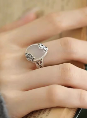 牡丹花玛瑙水滴戒指女复古做旧新中式民族风活口可调节食指指环