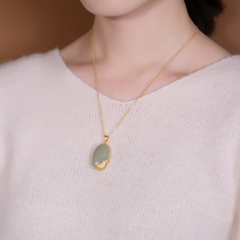原创S925纯银高档金玉满堂和田玉青玉古风鲤鱼女士项链吊坠套链