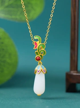 原创复古珐琅彩新中式吊坠和田玉四季豆国潮高级轻奢气质女项链