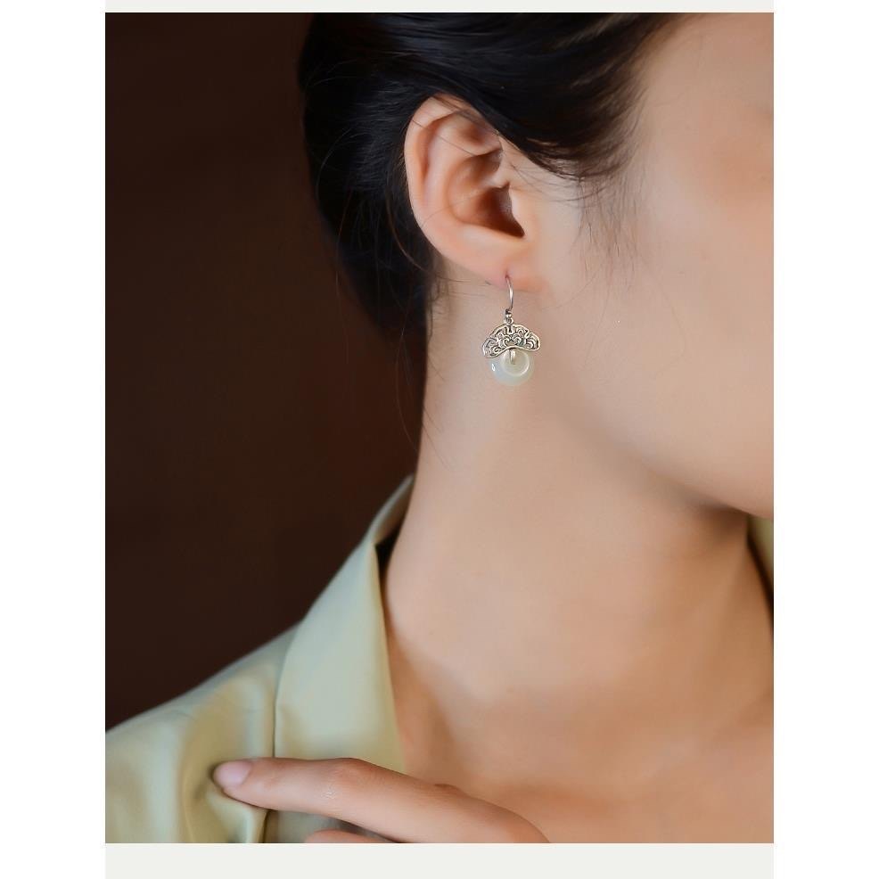 925银耳坠翡翠仿冰种无事平安扣耳环古风搭配旗袍和田玉石耳饰