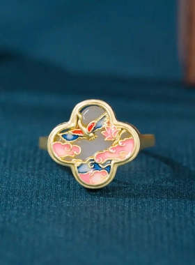 原创国潮新中式凤舞九天和田玉戒指珐琅彩四叶草古法金开口指环