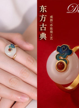 925纯银镶玉开口戒指女平安扣