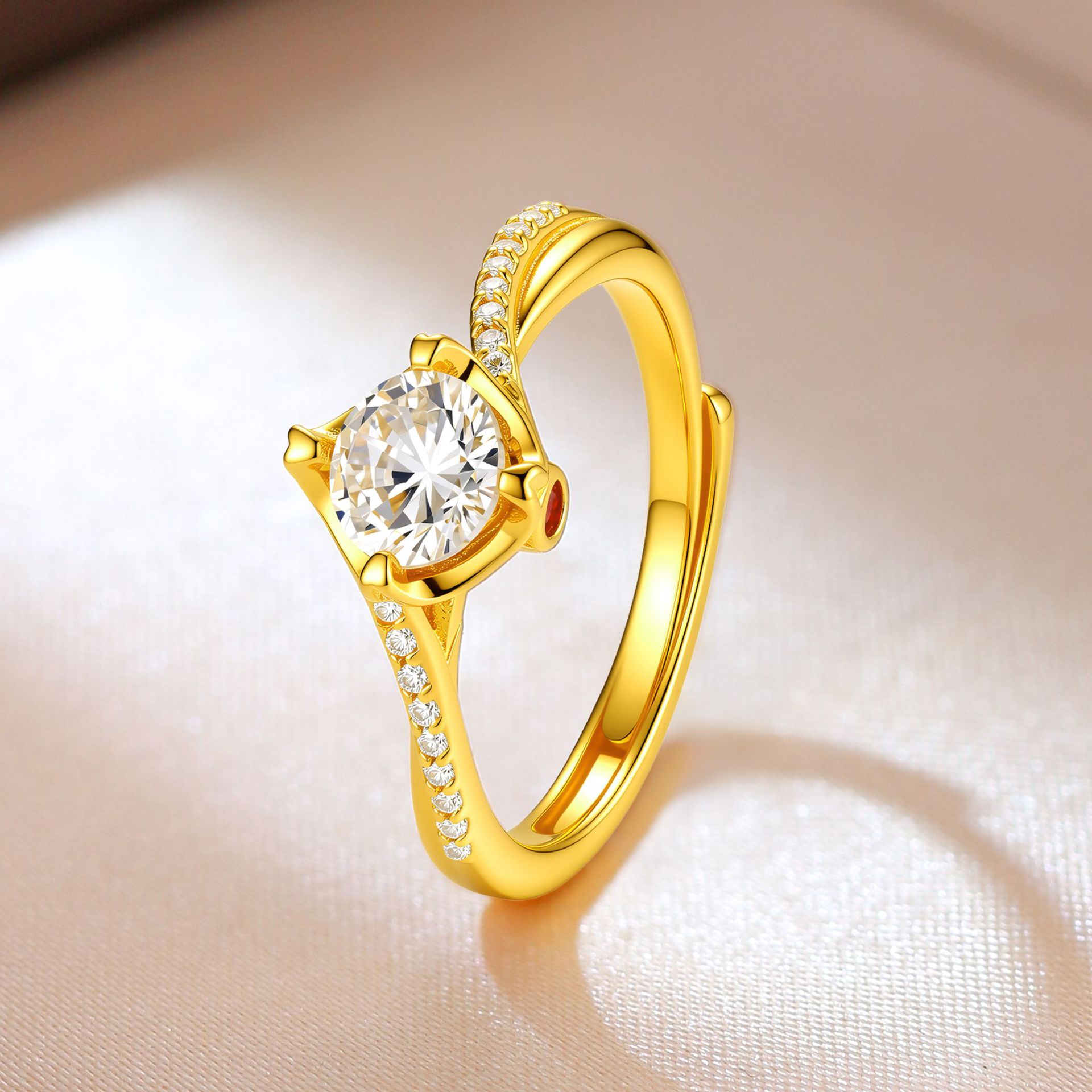 18K金色轻奢风锆石戒指女仿莫桑钻小众设计感开口结婚求婚钻戒