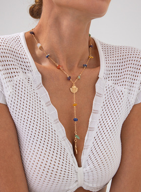 欧美热卖度假风海星贝壳Y形吊坠项链 个性不规则松石锁骨链项饰女