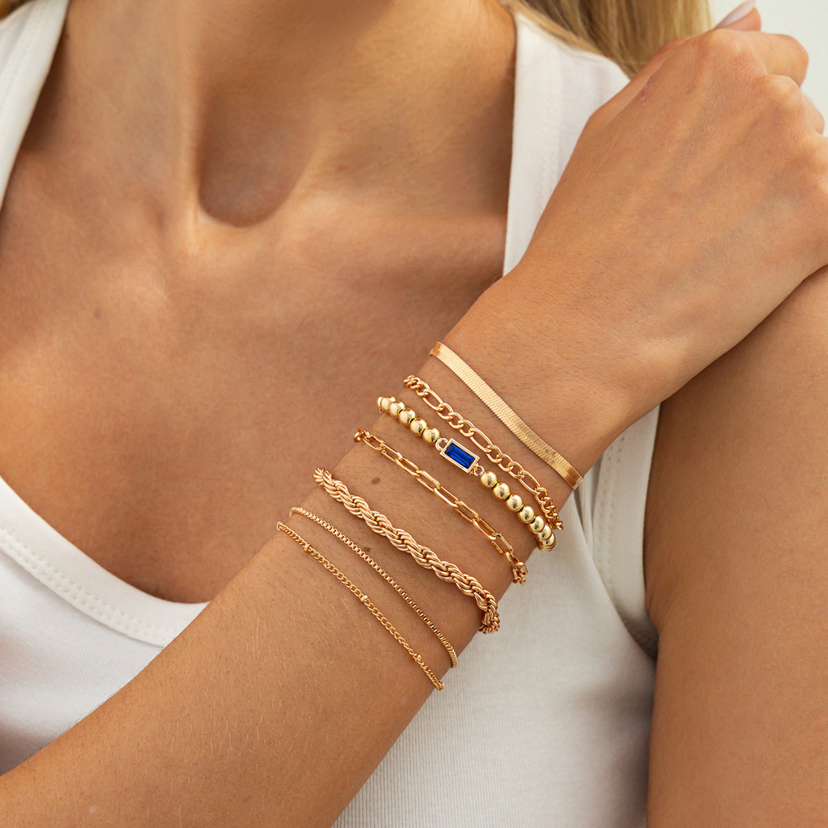 欧美精品饰品 嘻哈ins风个性麻花链手饰 金属感几何叠戴合金手链