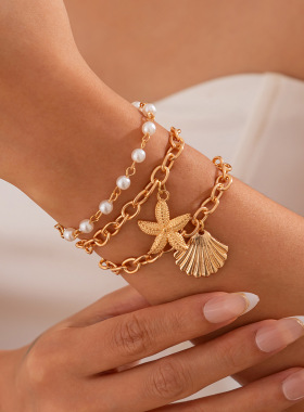 精美饰品包邮 沙滩度假海星贝壳合金吊坠手链 高级感珍珠串珠手饰