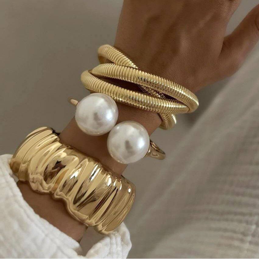 精美饰品包邮 ins不规则褶皱合金手镯 水滴交叉珍珠Bracelet套装