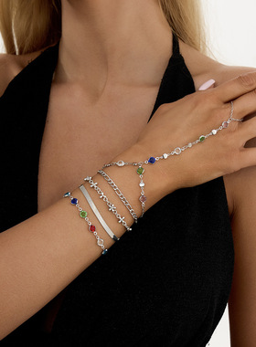 欧美精品饰品 个性创意彩钻水晶连指手链 ins小花金属链条手饰品