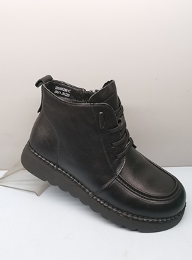 红蜻蜓短筒靴女秋冬款CD68052001C时尚休闲真皮加厚绒妈妈鞋女棉