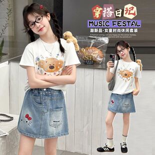 女童半身裙夏季套装韩版潮酷时尚女大童夏装短袖牛仔短裙两件套