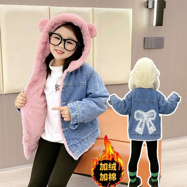 女童加绒夹棉牛仔外套冬季棉服