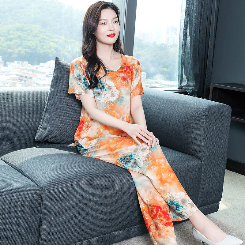 女士短袖薄款棉绸睡衣大码宽松