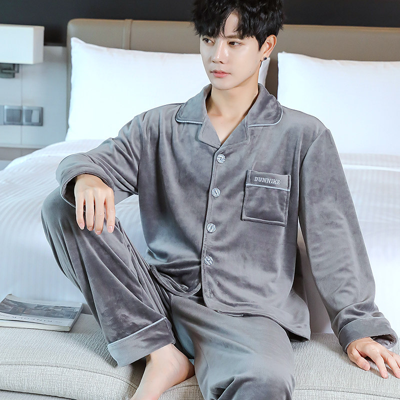 海岛绒男士睡衣秋冬季长袖保暖薄款珊瑚绒男款可外穿春秋款家居服