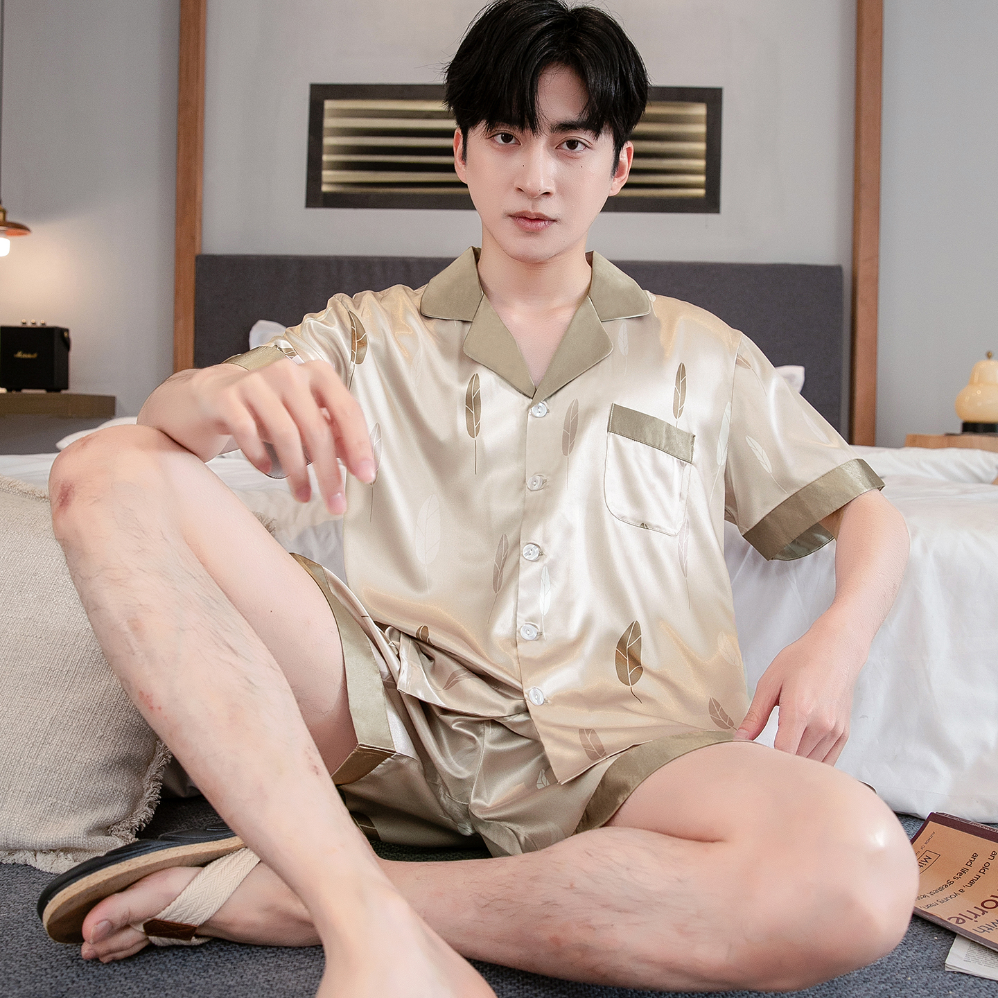 冰丝睡衣男夏季薄款短袖时尚家居服春夏丝绸大码可外穿两件套套装