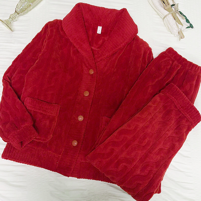 珊瑚绒睡衣女红色本命年秋冬开衫加厚加绒法兰绒冬季保暖居家套装