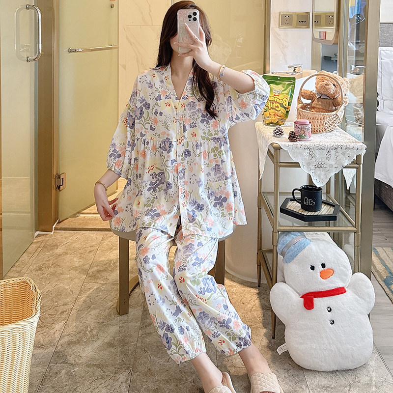 女士睡衣夏季七分袖薄款棉绸套装