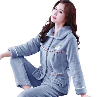 秋冬季珊瑚绒睡衣女士加厚加绒保暖冬款法兰绒春秋季家居服套装女