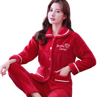 褐瞳睡衣女冬季加厚加绒珊瑚绒妈妈装保暖套装宽松法兰绒家居红色