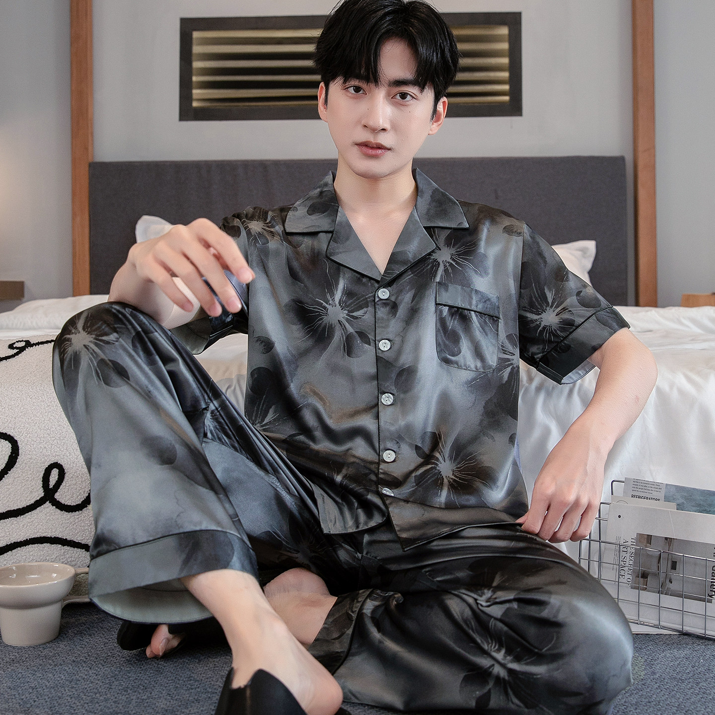 男士睡衣春夏季短袖长裤薄款冰丝套装大码宽松休闲男款丝绸家居服