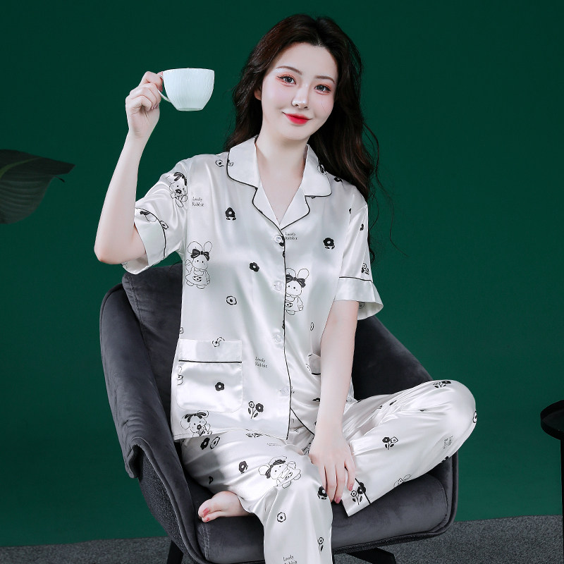 冰丝睡衣女夏薄款开衫短袖长裤