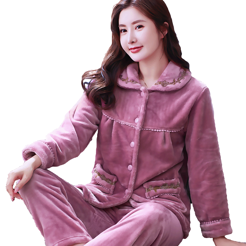 秋冬季珊瑚绒女士睡衣保暖中老年