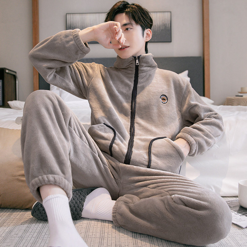 睡衣男秋冬季长袖加厚保暖珊瑚绒男款套装宽松休闲法兰绒家居服男