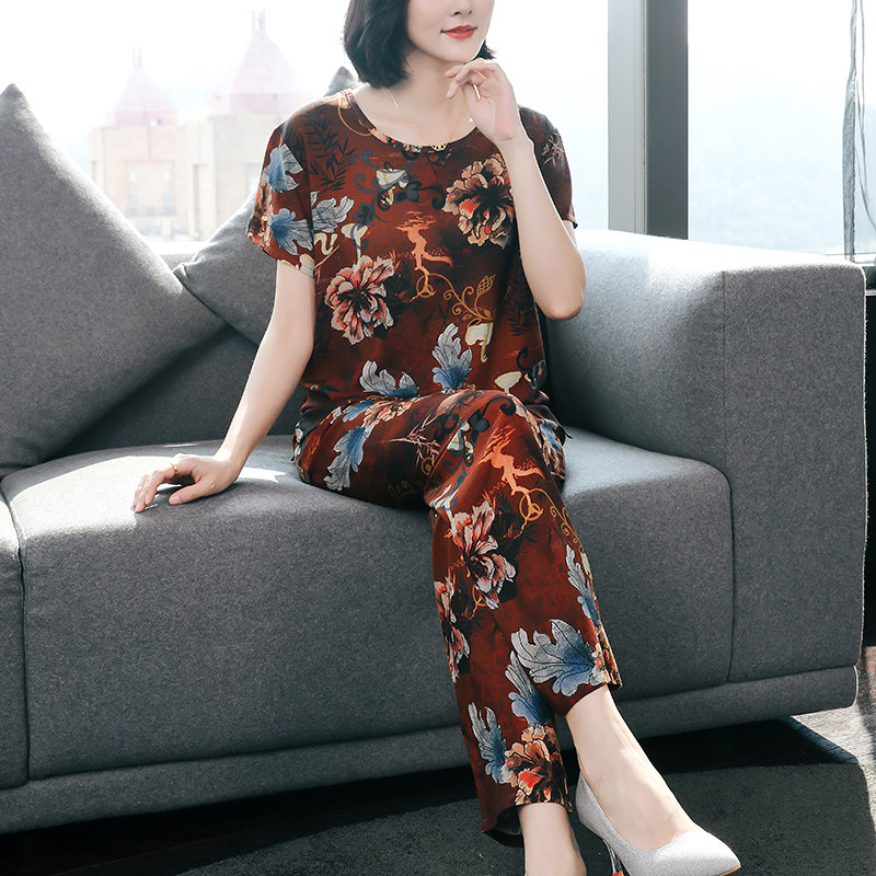 妈妈棉绸女士睡衣夏季短袖薄款人棉女款大码宽松显瘦可外穿家居服