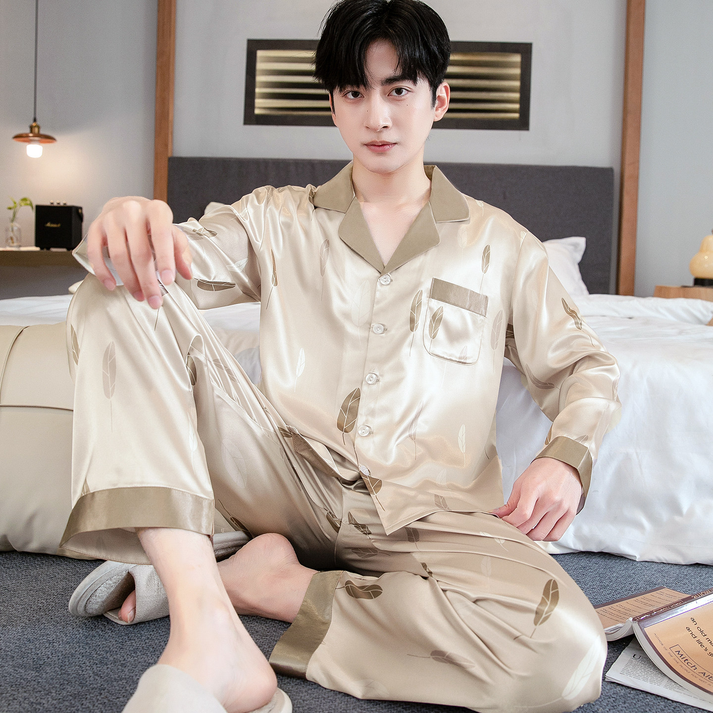 男士春秋款睡衣长袖薄款冰丝男款春秋夏季大码宽松开衫丝绸家居服