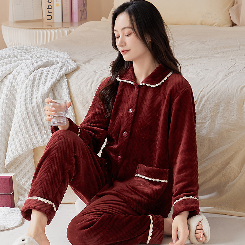中青年女士可外出睡衣秋冬季加厚保暖珊瑚绒女款法兰绒家居服套装