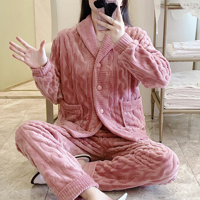 法兰绒睡衣女冬加厚开衫冬天珊瑚绒加绒保暖家居服套装甜美可外穿