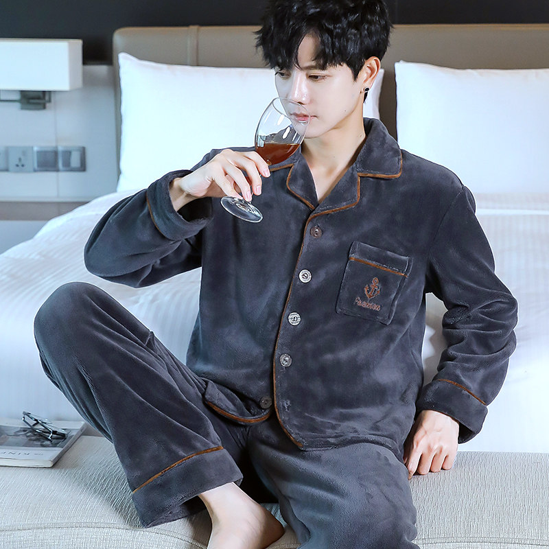 青中年男士睡衣秋冬季加厚保暖珊瑚绒大码宽松冬款法兰绒家居服男