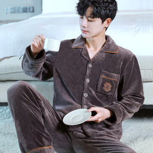 爸爸男士珊瑚绒睡衣秋冬长袖加厚保暖法兰绒青中年男款家居服套装