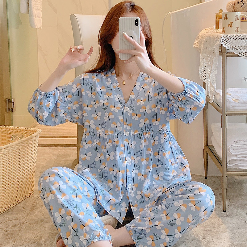 春秋款棉绸睡衣女夏季人棉薄款套装大码七分袖空调绵绸家居服女士