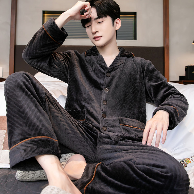 青中年男士睡衣秋冬季长袖加厚保暖男款可外穿珊瑚绒法兰绒家居服
