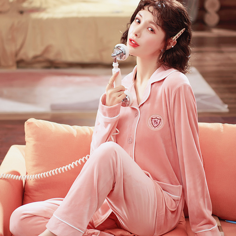 睡衣女秋冬季加厚长袖大码开衫海岛绒套装女士珊瑚绒可外穿家居服