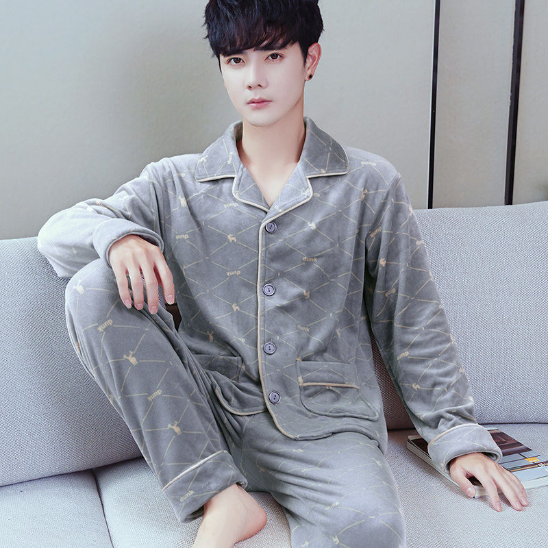男士秋冬季海岛绒睡衣男法兰绒套装春秋薄款珊瑚绒长袖保暖家居服