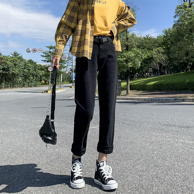 黑色牛仔裤女直筒宽松弹力秋冬新款高腰显瘦薄绒哈伦萝卜阔腿裤子