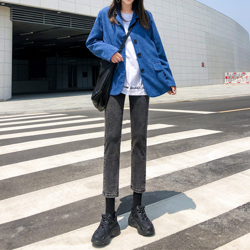 灰色牛仔裤女宽松八分小个子百搭学生高腰显瘦秋季新款九分直筒裤