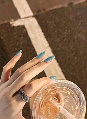 绿松石复古手工穿戴甲气质新款美甲纯色高级蓝色显白美甲ins短款
