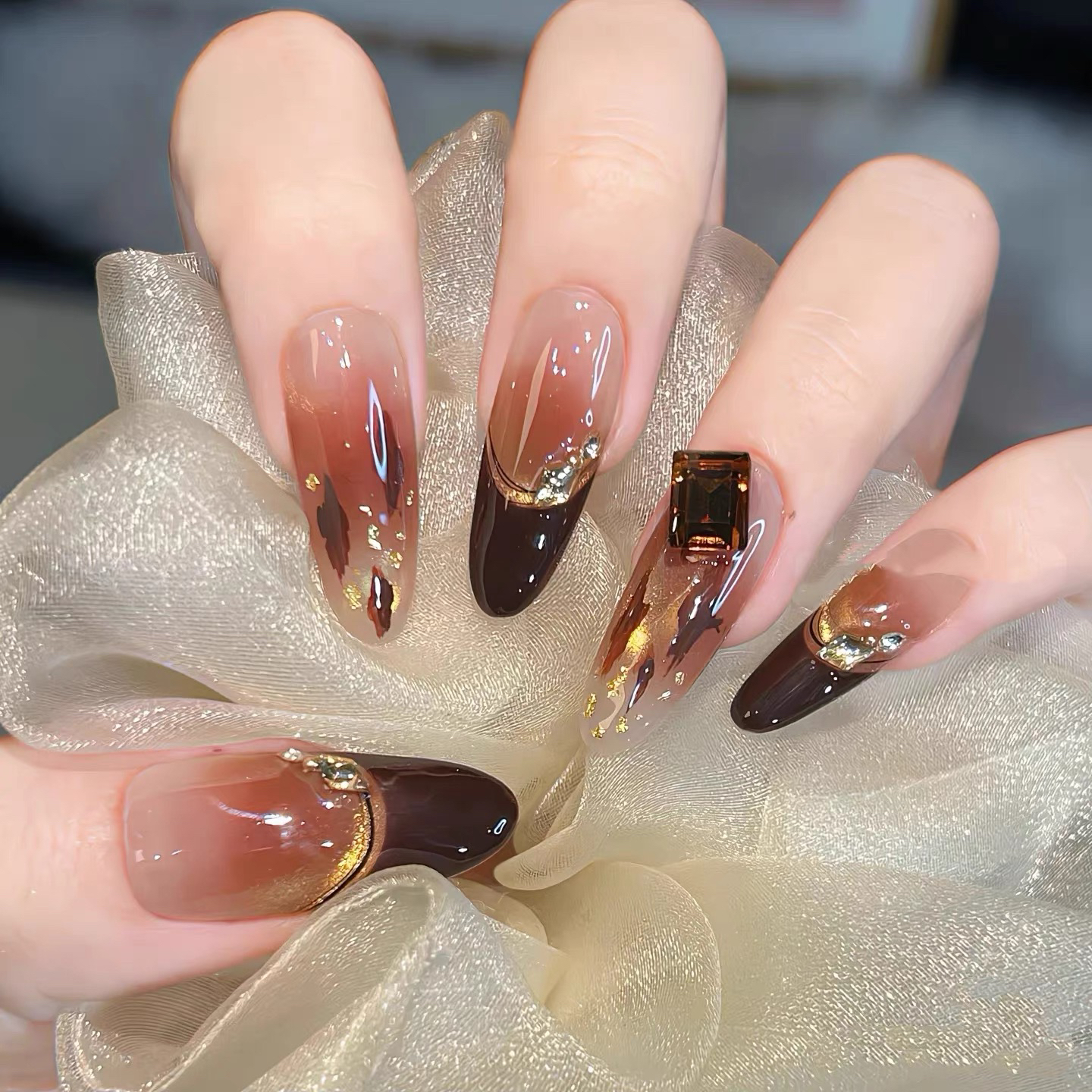 【来时金秋】轻奢秋冬长款显白猫眼法式美甲纯手工穿戴甲美甲贴片