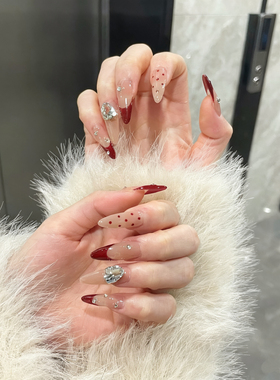 纯手工穿戴甲富家千金红色法式波点新年显白高级气质美甲可拆卸