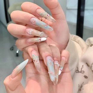 芭乐糖果法式 显白假指甲贴片 蝴蝶结夏日甜心纯手工穿戴甲中长款