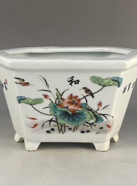 景德镇陶瓷器粉彩家和万事兴六方花盆荷花鸟图花盆家居摆件