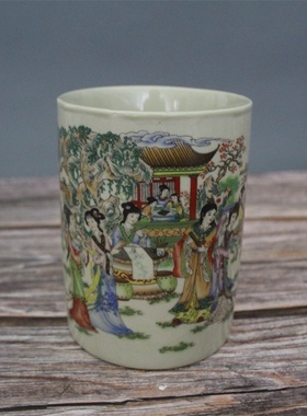 景德镇陶瓷粉彩人物笔筒古董古玩