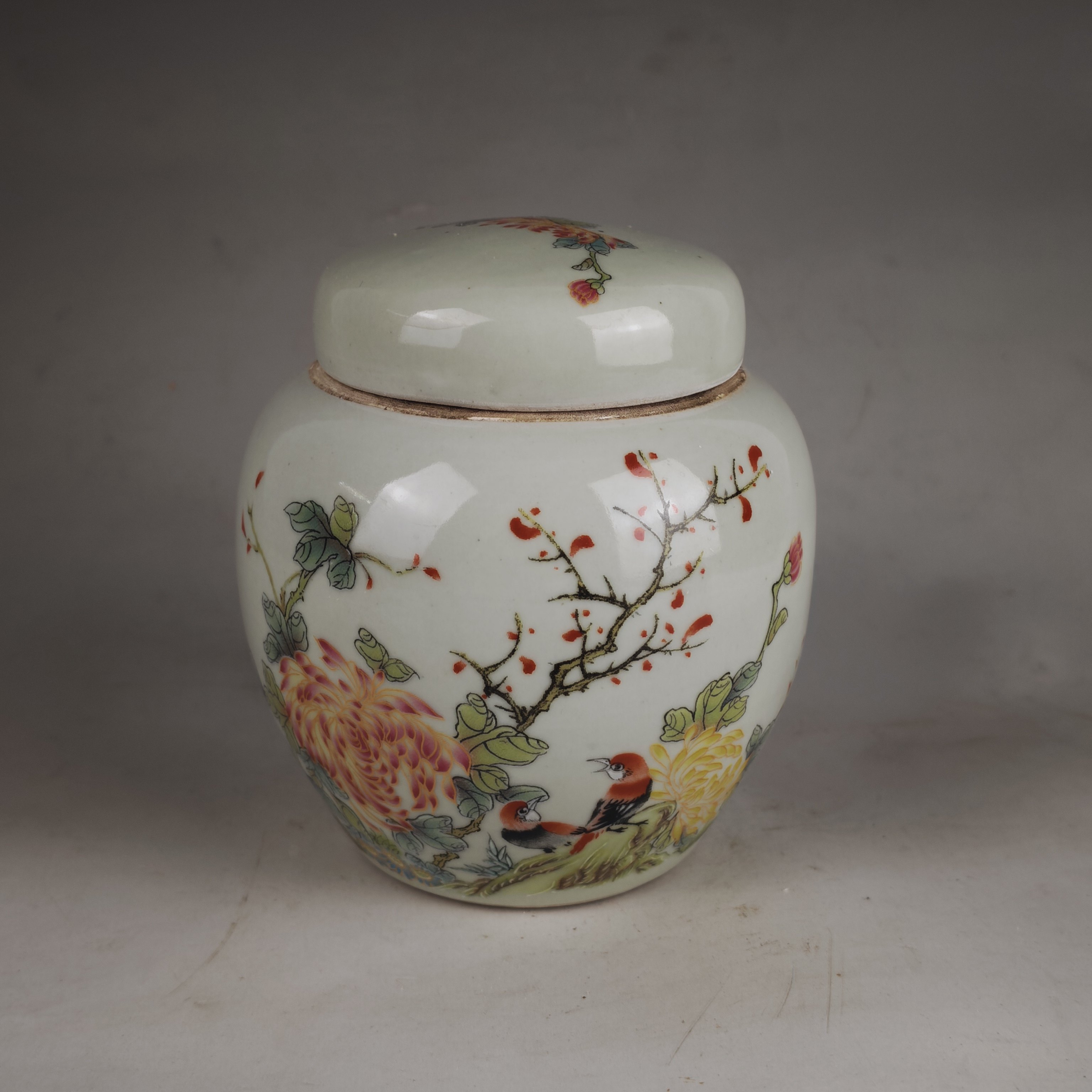 特价清同治粉彩花鸟茶叶罐景德镇仿古陶瓷家居装饰展柜摆件做旧