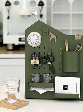 原创桌面立式洞洞板办公室收纳架墨绿色纸巾盒多功能金属置物架