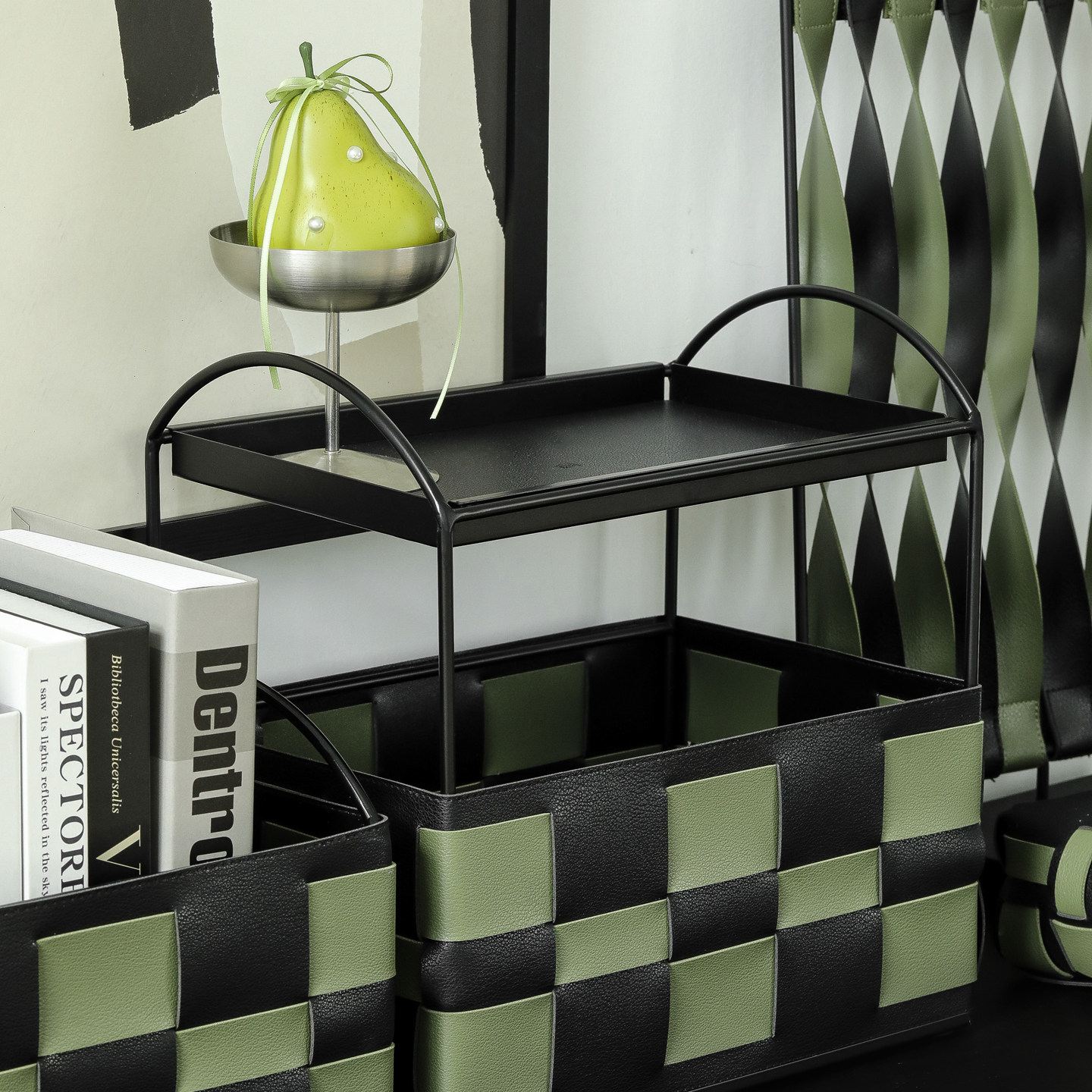 黑绿格子桌面收纳盒 入户玄关置物架 高颜值铁艺收纳架 皮质托盘,收纳整理,桌面收纳盒,淘宝优惠券,粉丝福利购,淘宝优惠卷